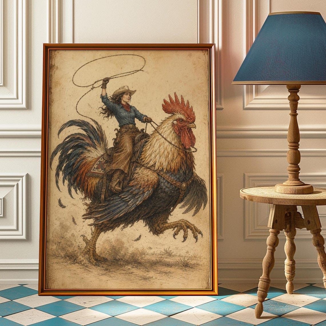 Cowgirl Riding Giant Rooster Vintage Surreal Western Fun Poster