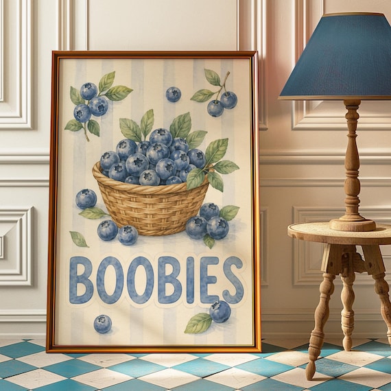 Boobies Blueberry Basket Watercolor Poster Funny Kitchen Fruit Decor