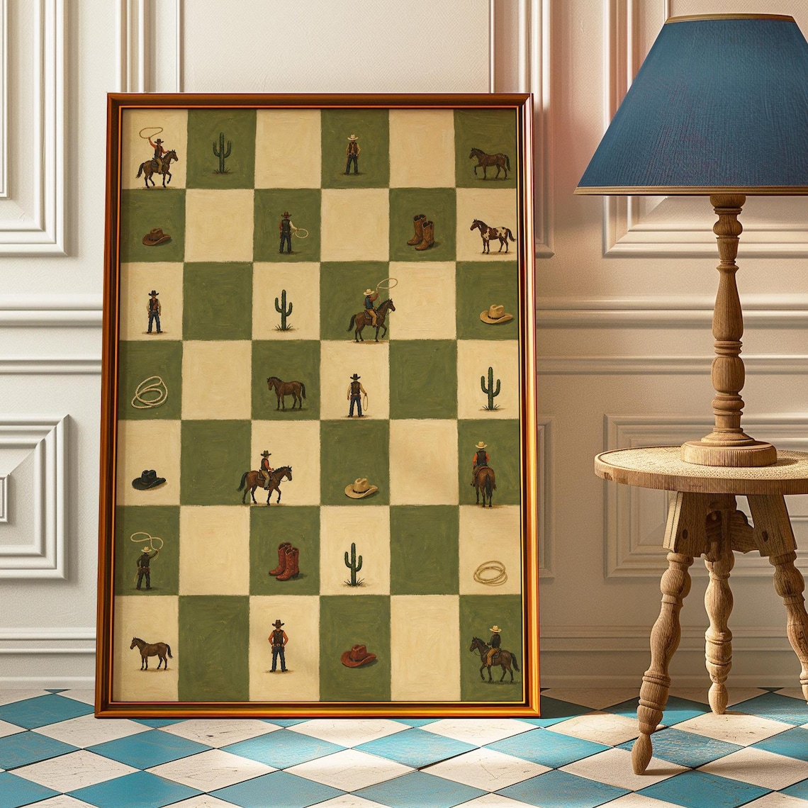 Tiny Cowboys Checkerboard Western Nursery Art Print