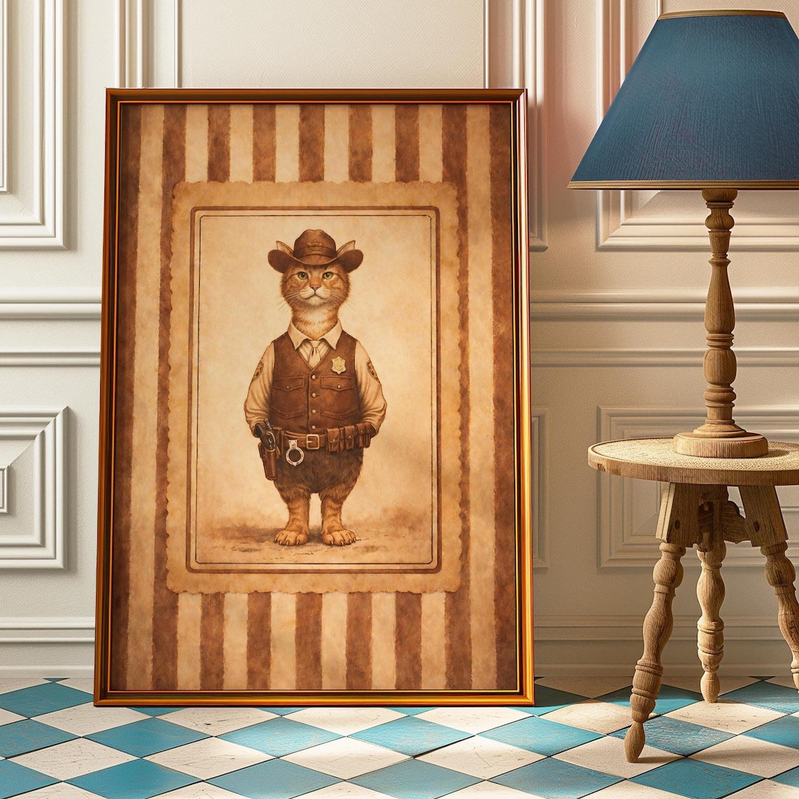 Cat Sheriff Vintage Portrait Funny Western Animal Art Poster
