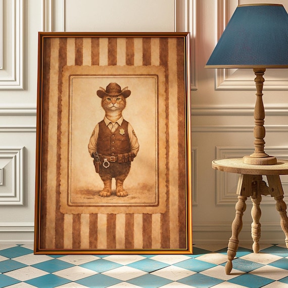 Cat Sheriff Vintage Portrait Funny Western Animal Art Poster