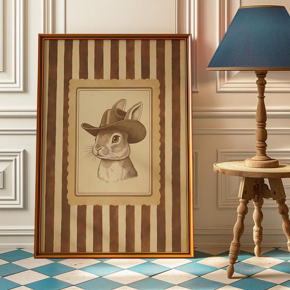 Cowboy Bunny Wall Art Print Rustic Western Nursery Decor Vintage Farmhouse Animal Poster Whimsical Rabbit Painting