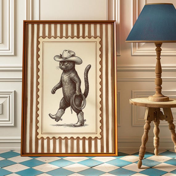 Cowboy Cat Poster, Vintage Western Wall Art