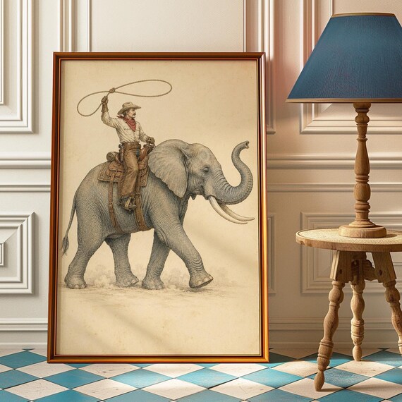 Cowboy Riding Elephant Lasso Twirling Sepia Vintage Western Art Poster