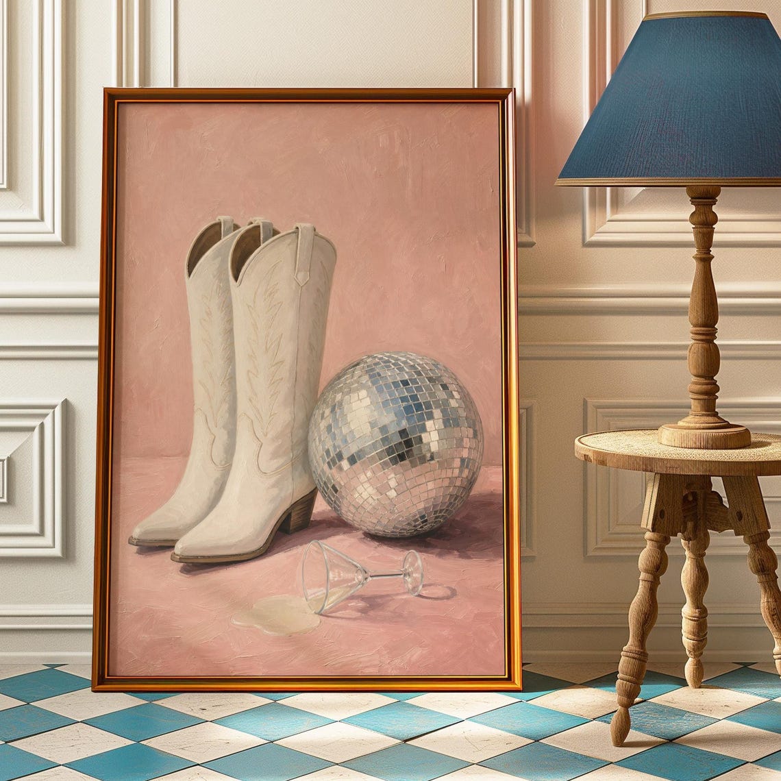 White Cowboy Boots Disco Ball Martini Pink Party Sunlit Poster