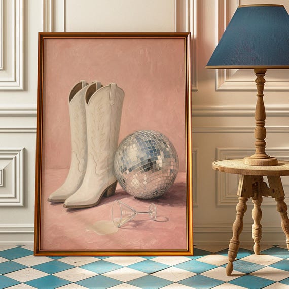 White Boots Disco Ball Martini Poster Bachelorette Wall Art Pink Cowgirl Print