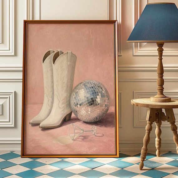 White Cowboy Boots Disco Ball Martini Pink Party Sunlit Poster