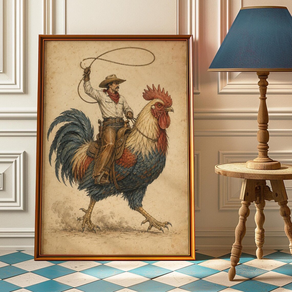 Cowboy Riding Giant Rooster Lasso Vintage Western Illustration Art Poster