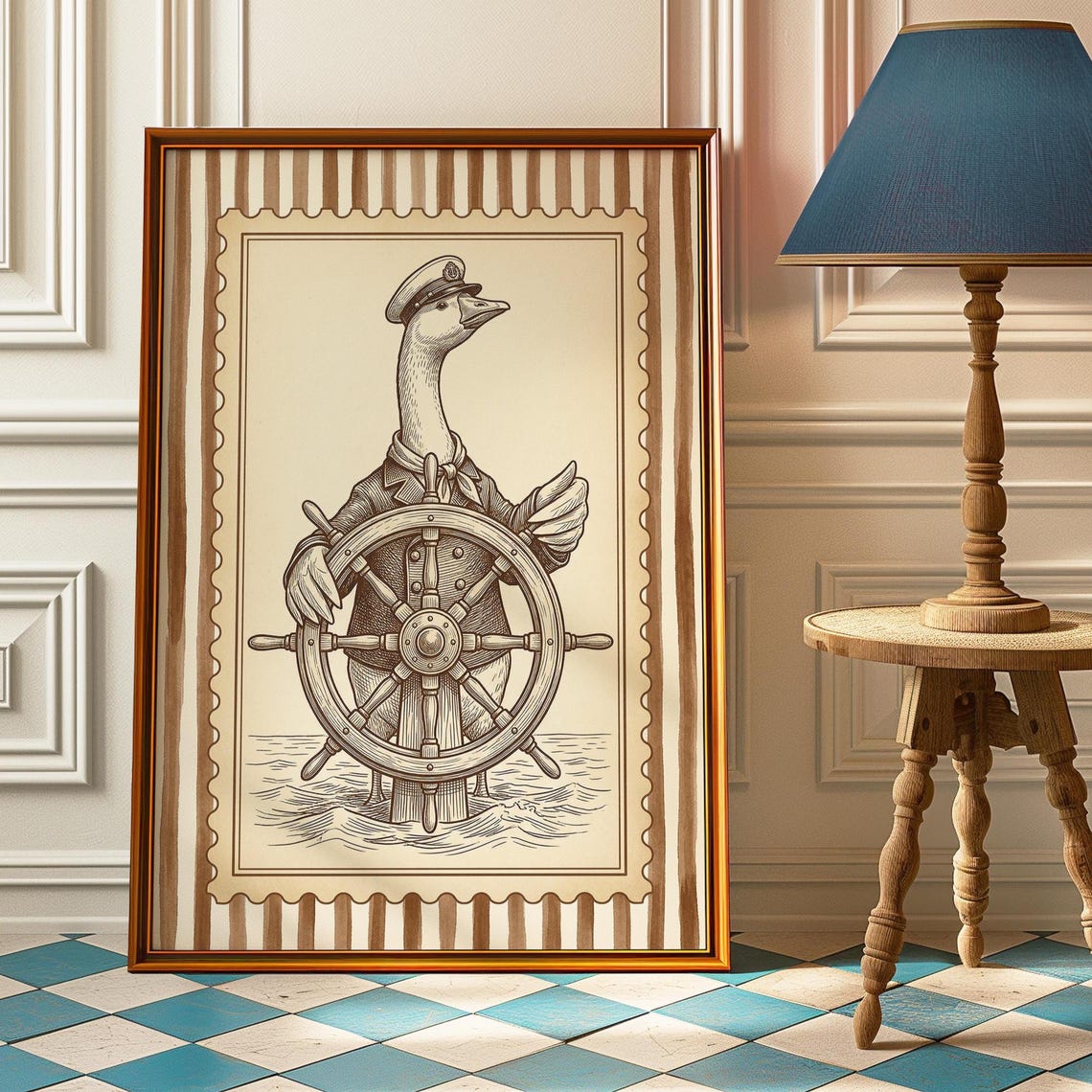 Duck Captain Steering Ship Wheel Vintage Nautical Stamp Wall Art