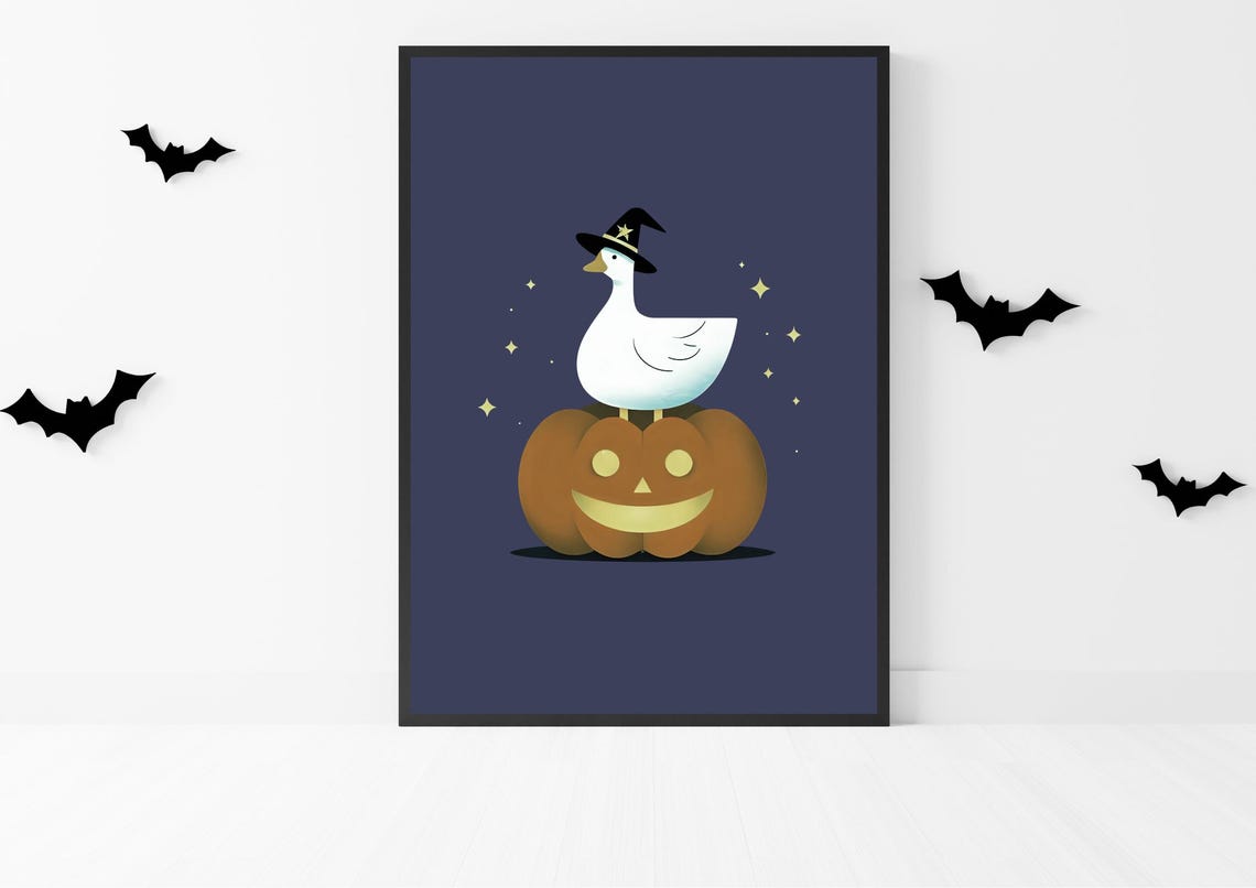 Witch Hat Goose Standing on a Grinning Jack-O-Lantern Poster