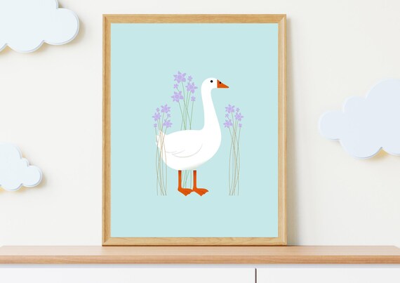 Cute White Goose With Purple Wildflowers Pastel Nursery Poster