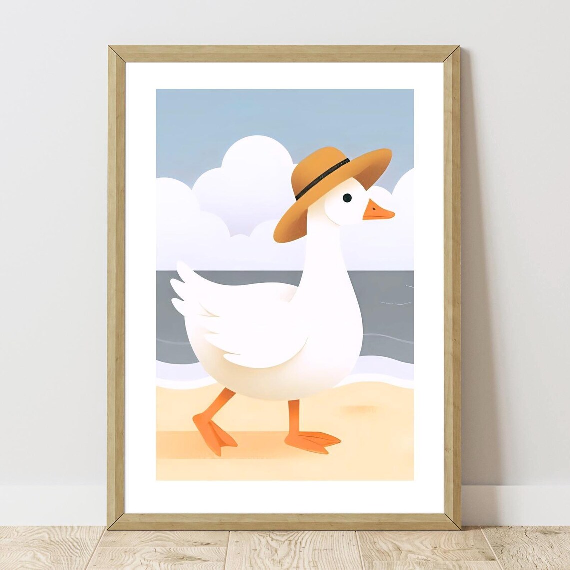 Cute Goose In Sun Hat Strolling The Beach Summer Kids Wall Art