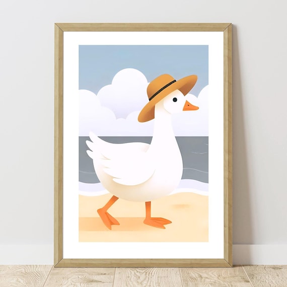 Cute Goose In Sun Hat Strolling The Beach Summer Kids Wall Art