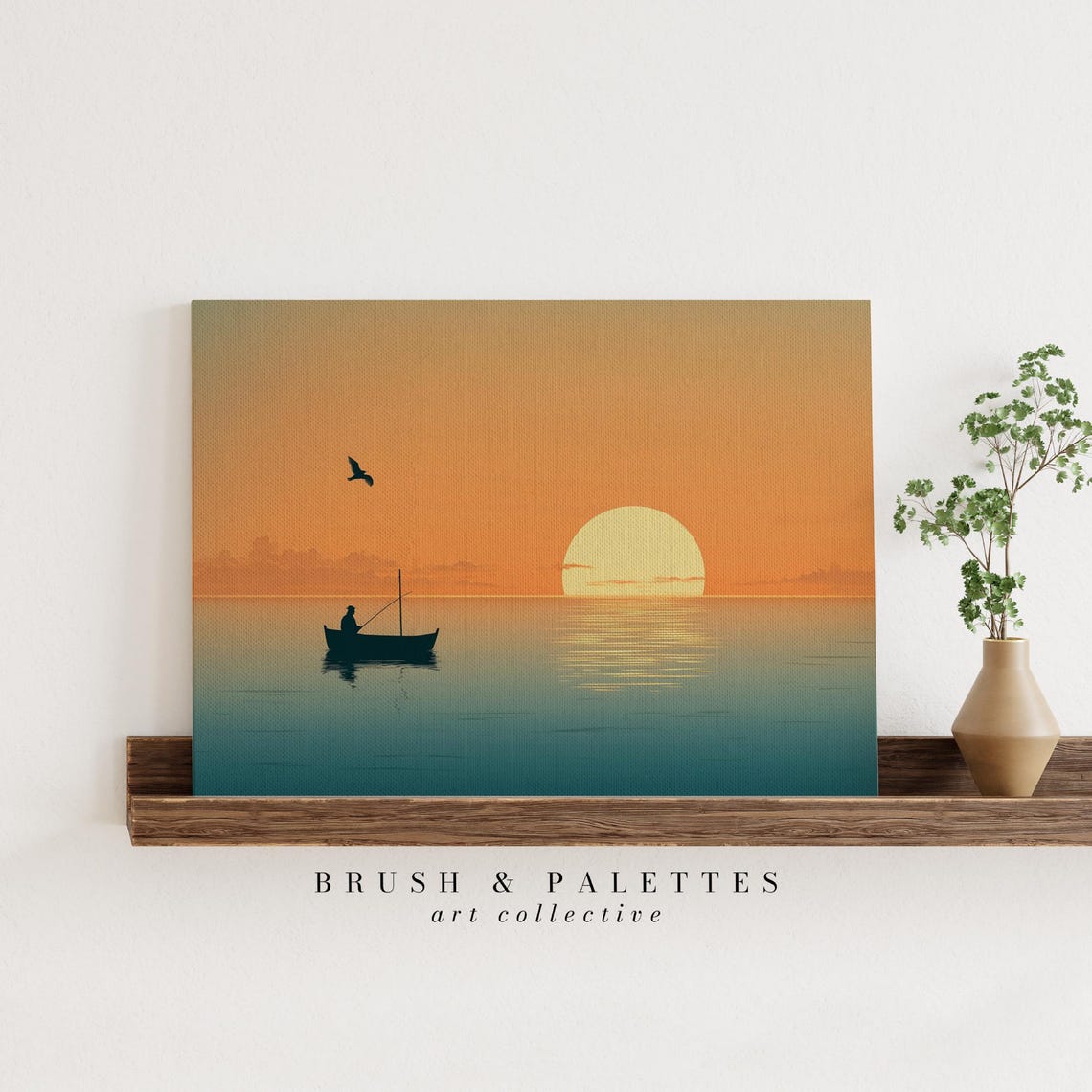 Lone Fisherman Boat Glowing Sunset Silhouette Ocean Art Print - Image 2