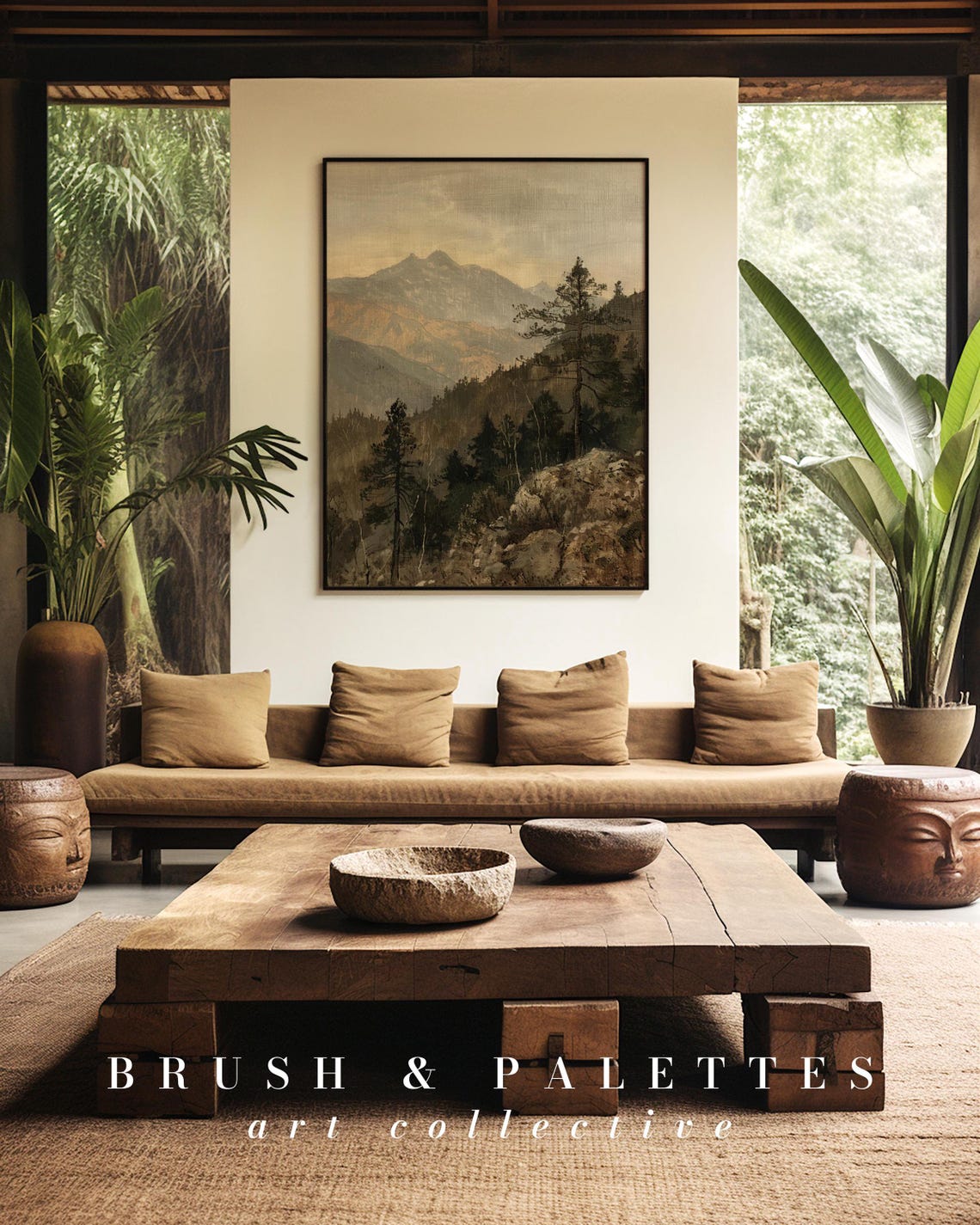 Misty Mountain Pines Golden Light Vintage Landscape Art Poster - Image 2