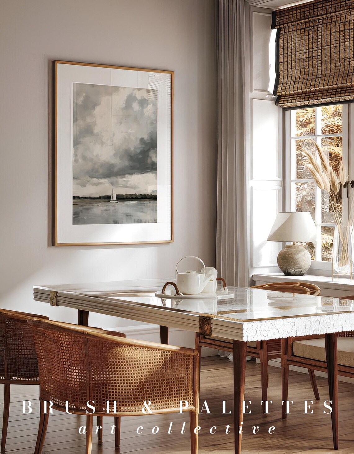 Lone Sailboat Under Stormy Sky Moody Gray Seascape Painting Poster - Image 2