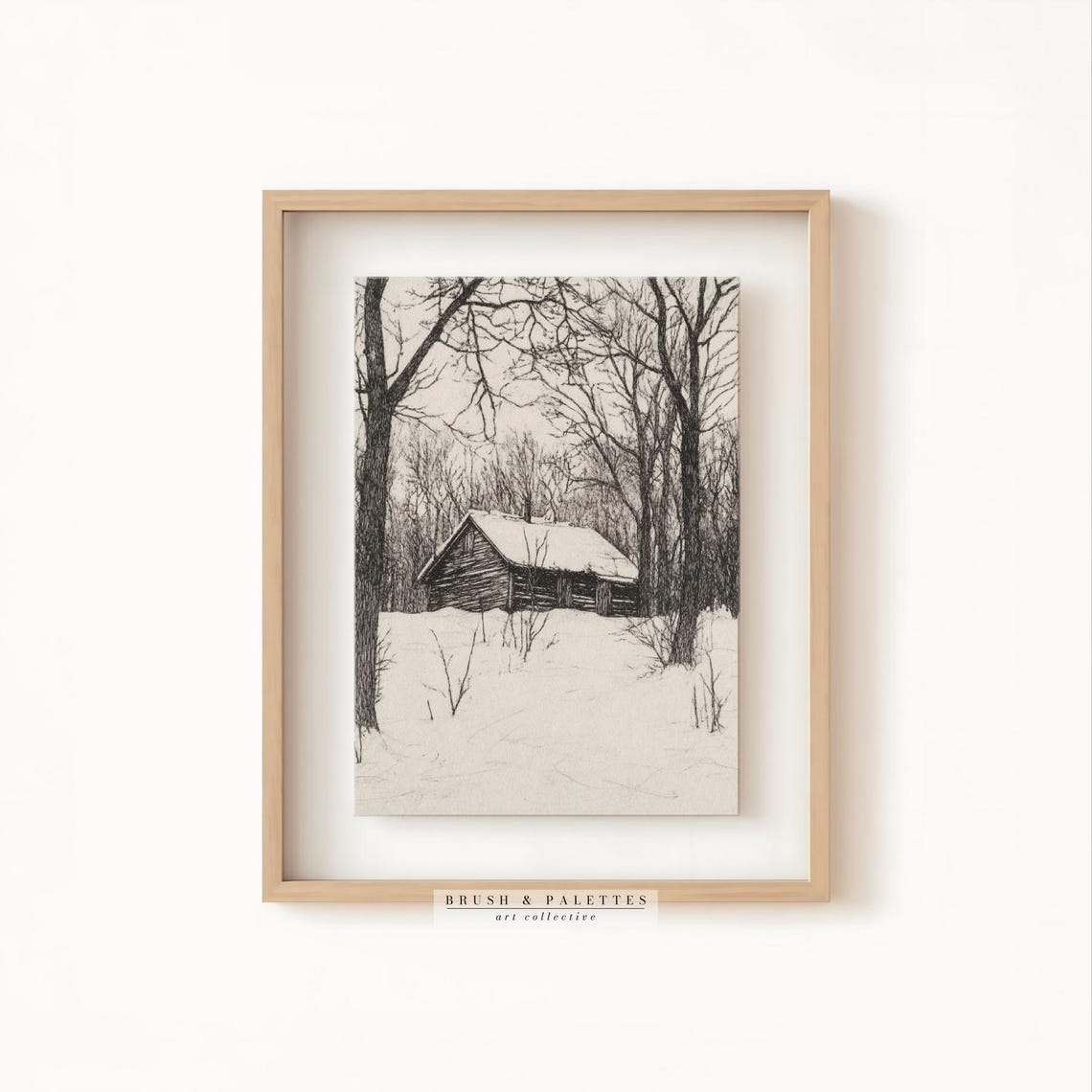 Rustic Winter Cabin Pencil Sketch Black White Snowy Forest Wall Art - Image 2