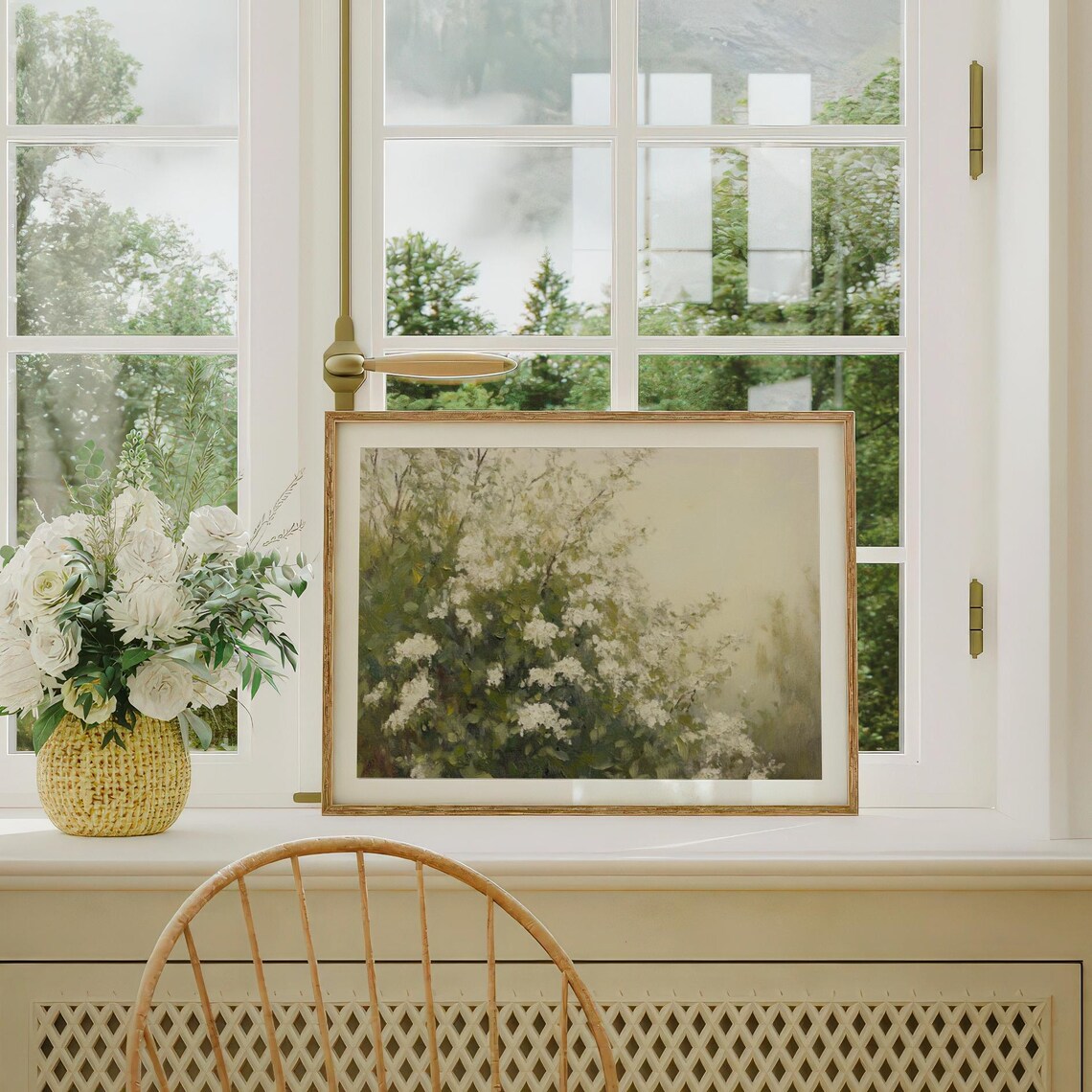 White Blossom Bush Oil Painting Elegant Spring Botanical Wall Poster - Image 3
