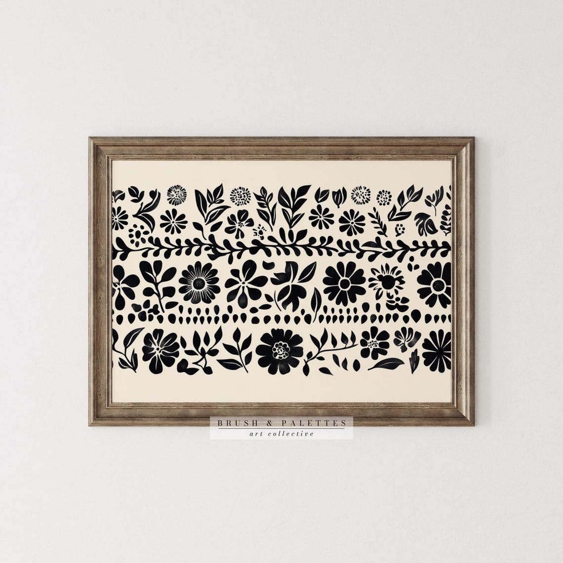 Black Cream Floral Pattern Folk Art Botanical Motif Design Poster - Image 2