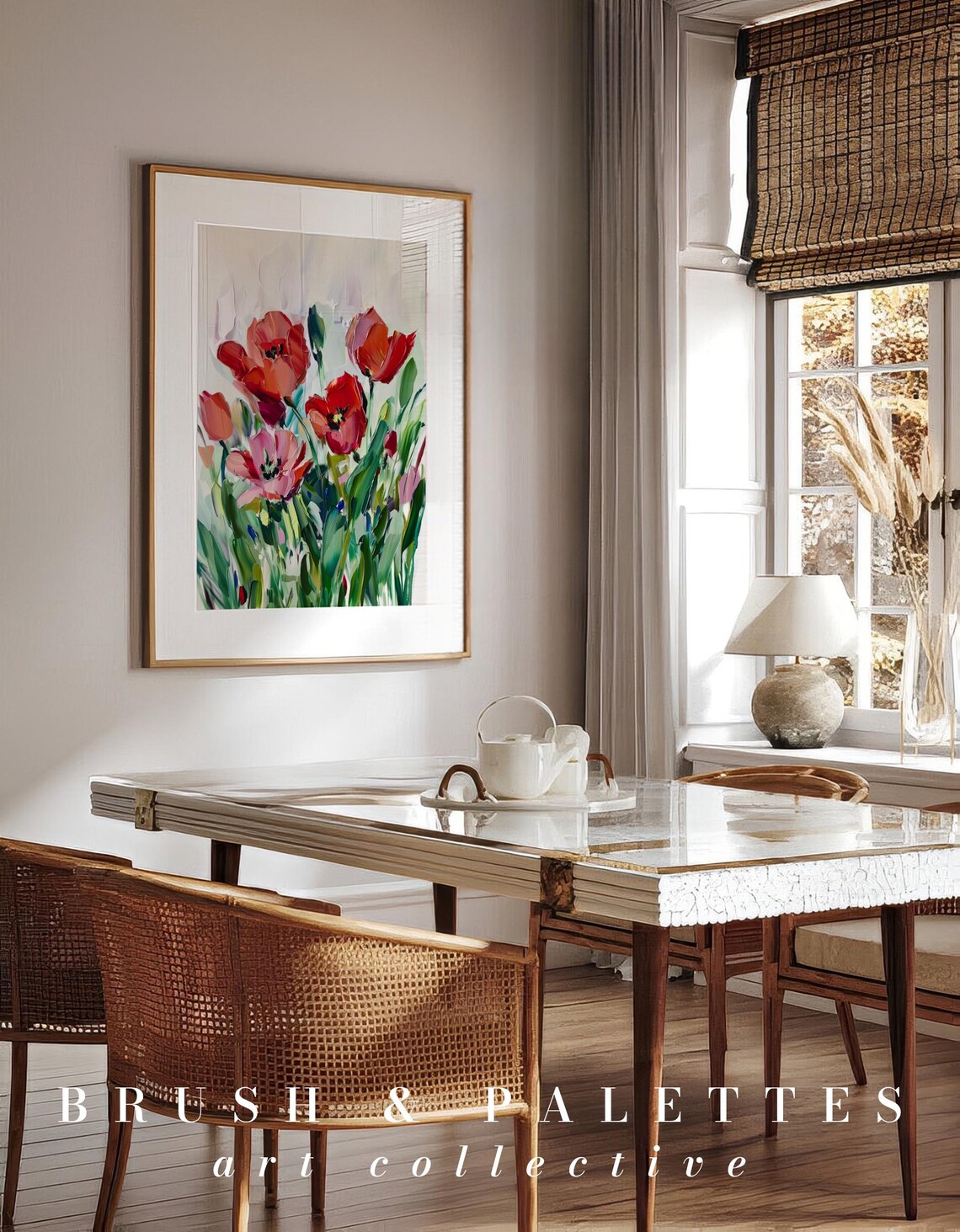 Red Tulips Impasto Floral Painting Vibrant Coral Bloom Poster - Image 3