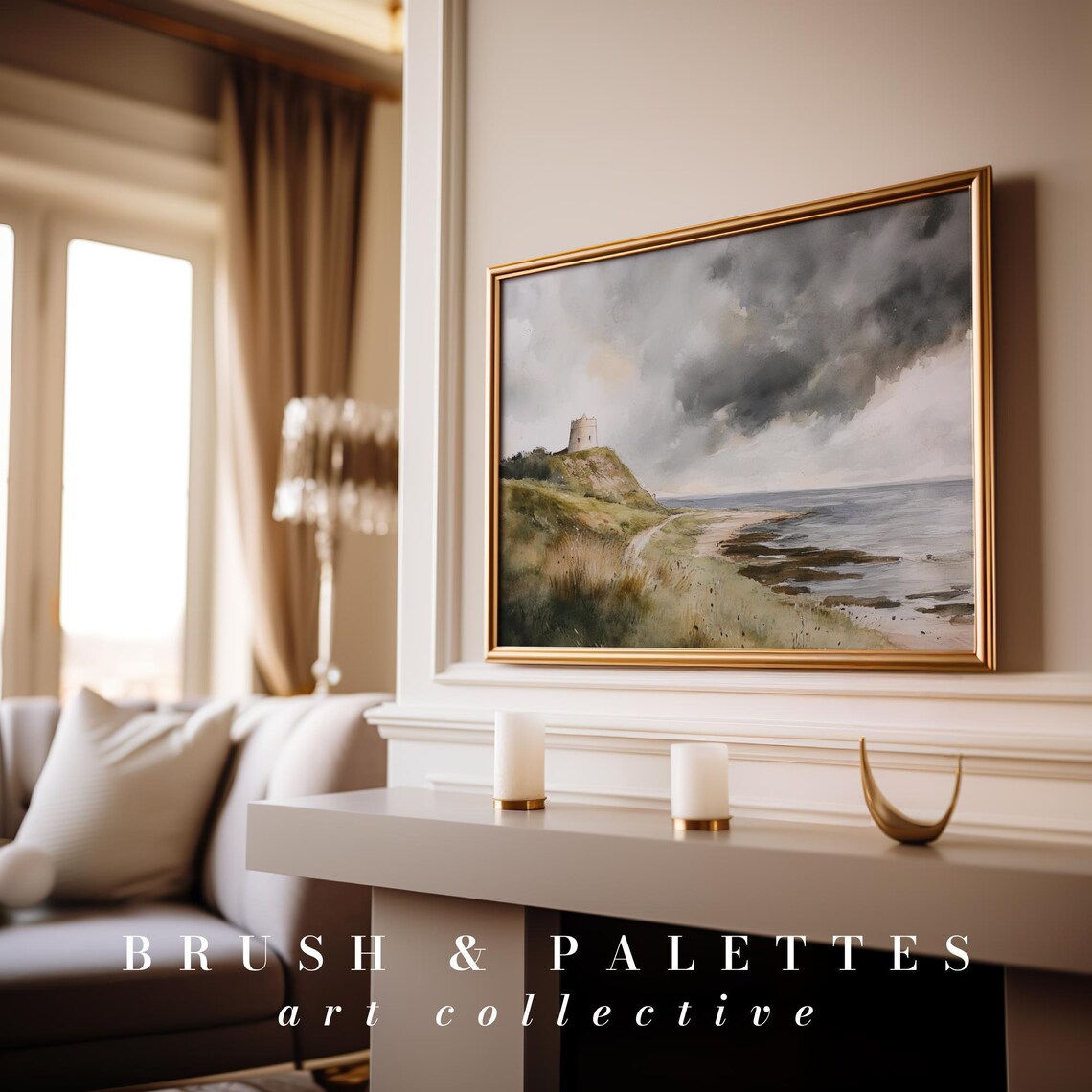 Stormy Coastal Tower Watercolor Moody Cliff Seascape Painting Poster - Image 3