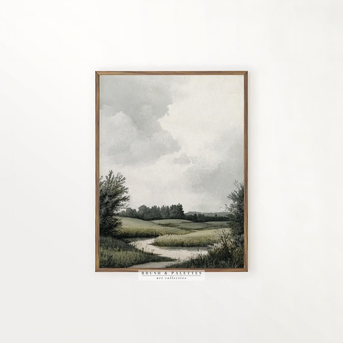 Cloudy Green Gray Landscape Painting Rustic Countryside Field Poster - Image 2