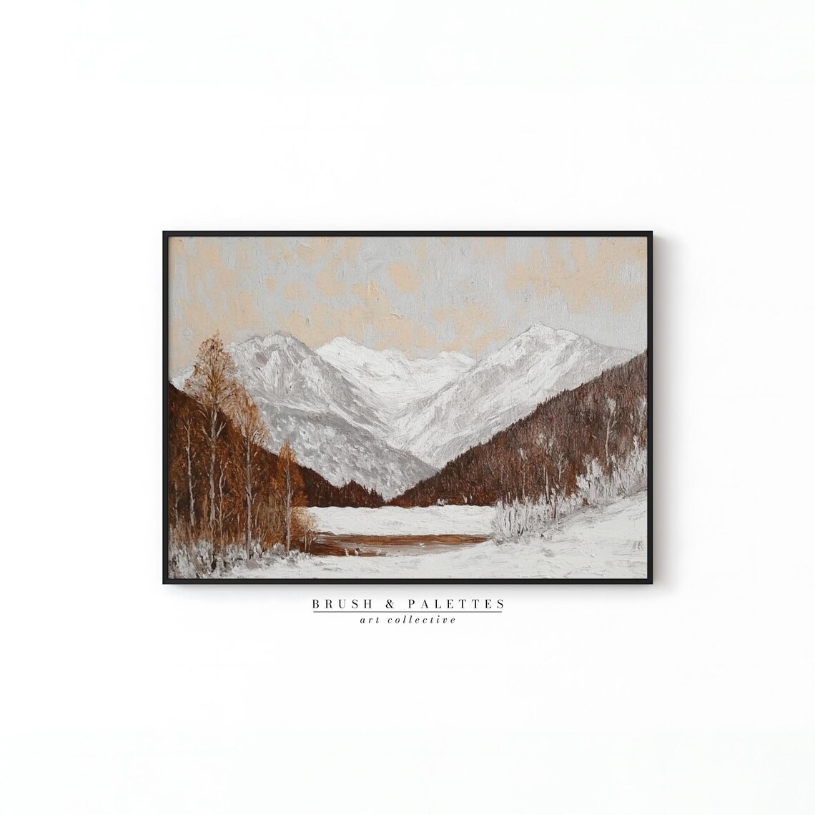 Sepia Winter Mountain Landscape Snowy Forest Lake Rustic Wall Art - Image 3