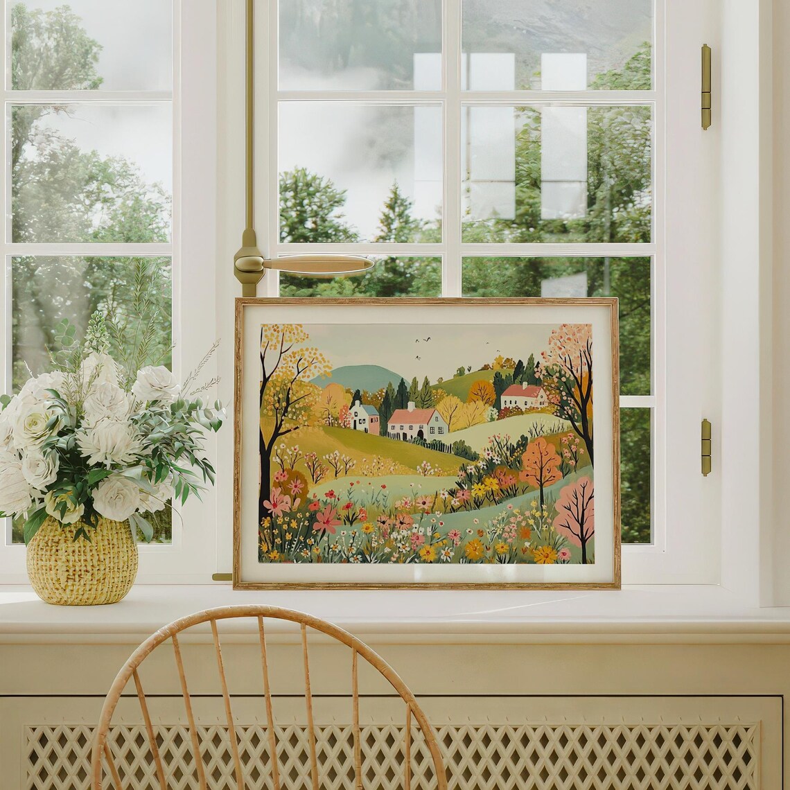 Colorful Countryside Village Houses Wildflower Hills Folk Print - Image 3