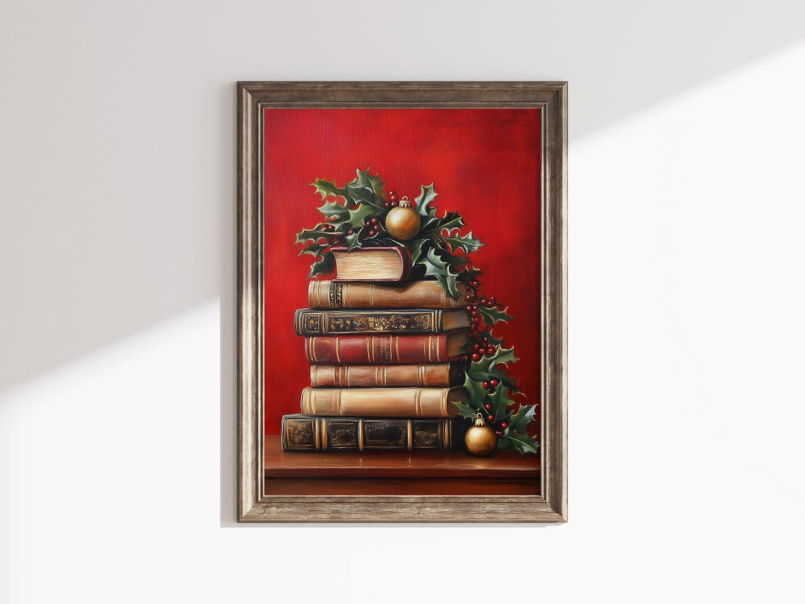 Vintage Book Stack Red Background Holly Gold Ornament Christmas Poster - Image 3