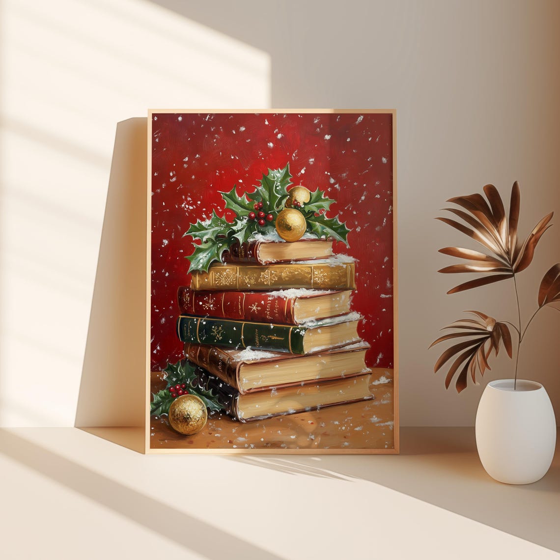 Red Background Christmas Books Gold Ornaments Snowy Still Life Poster - Image 3