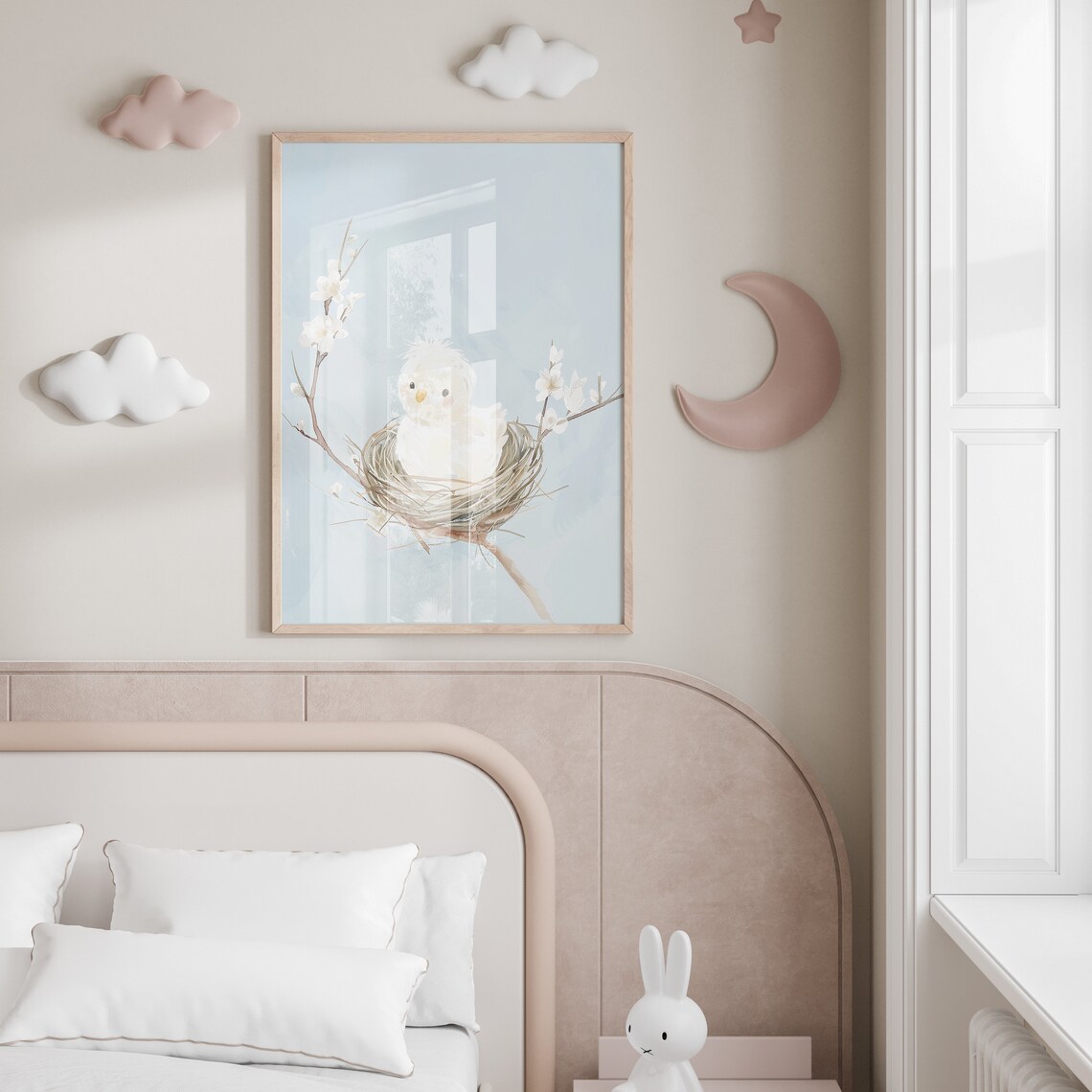 Cute White Baby Bird in Nest on Blossom Branch Nursery Print - Image 2