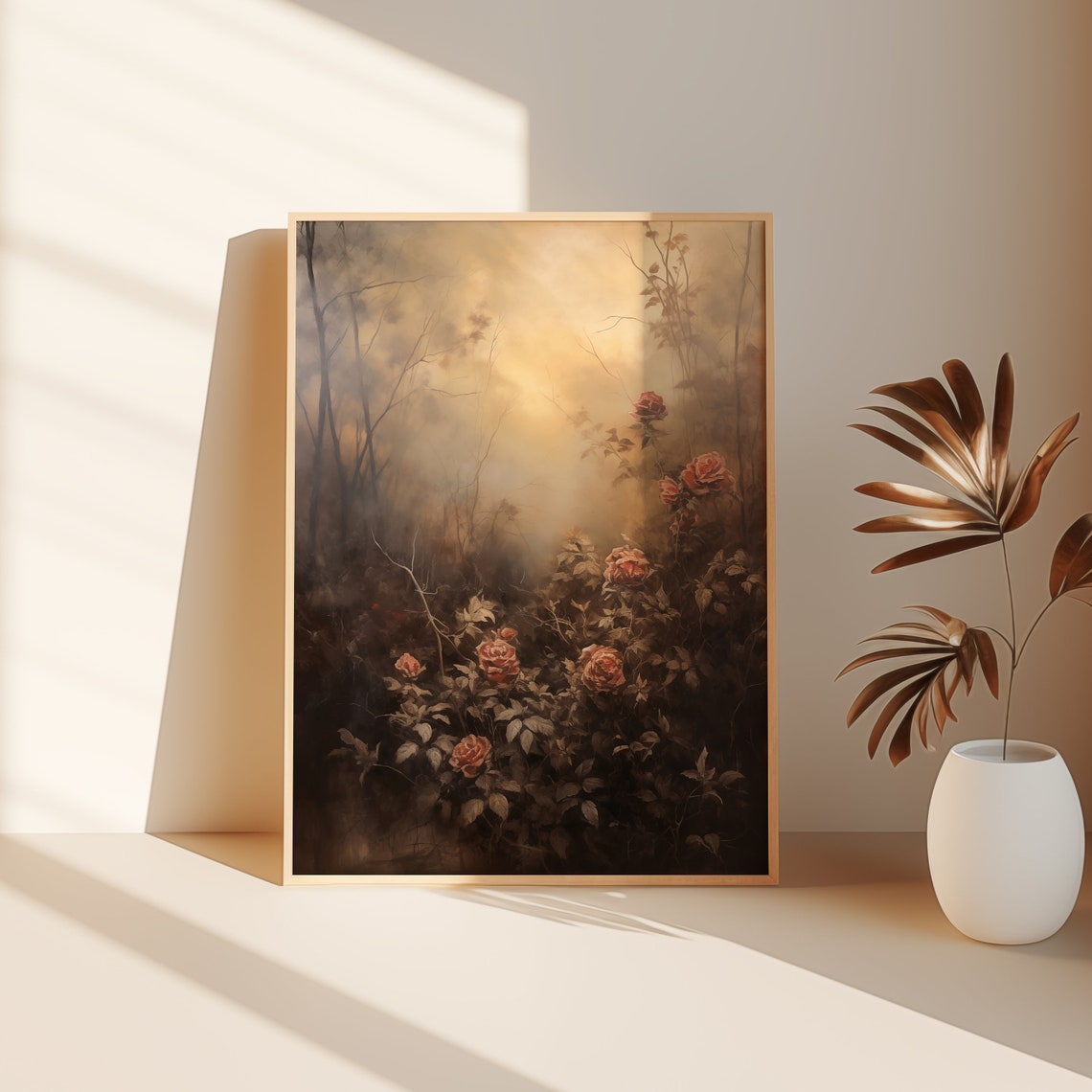 Dark Roses in Misty Forest Golden Light Moody Floral Oil Print - Image 3