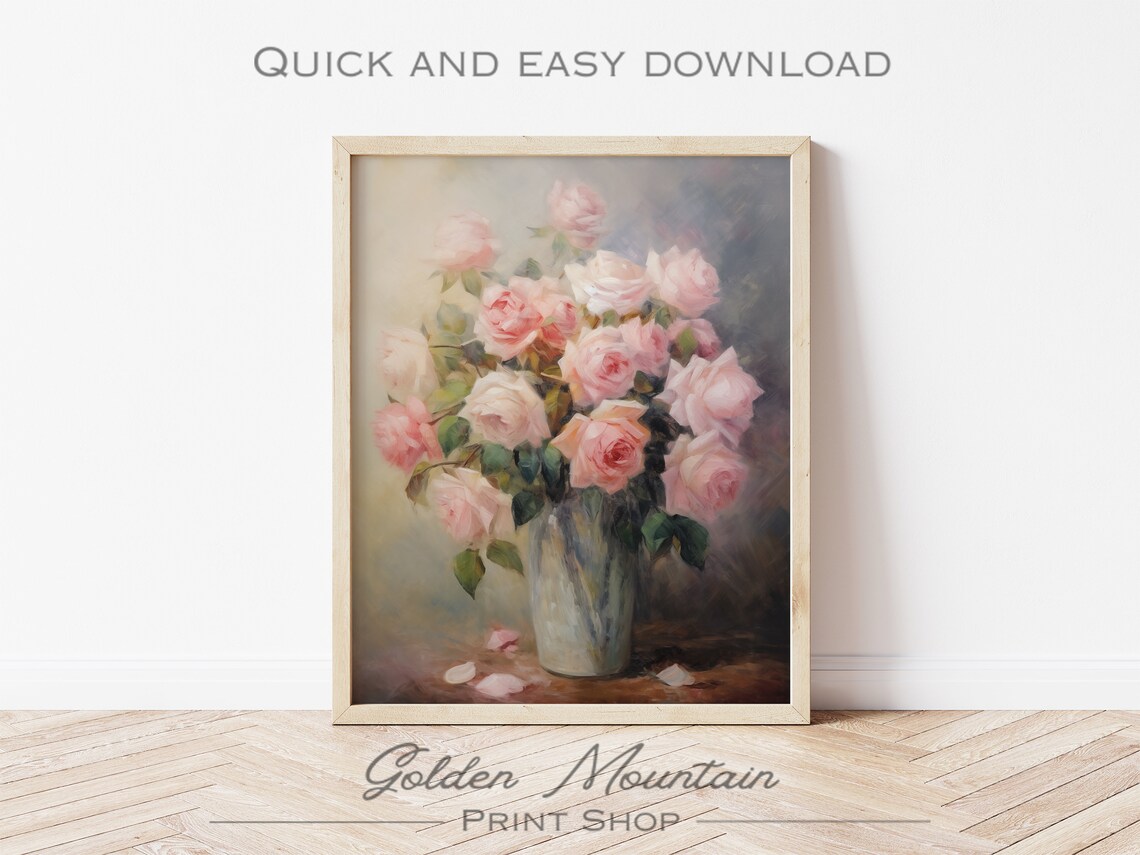 Blush Pink Roses Bouquet Tall Vase Romantic Floral Painting Print - Image 3