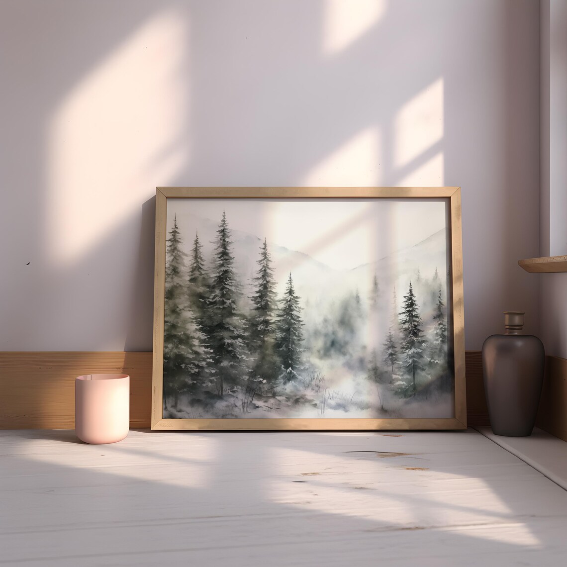 Misty Winter Pine Forest Snowy Evergreen Watercolor Woodland Poster - Image 2