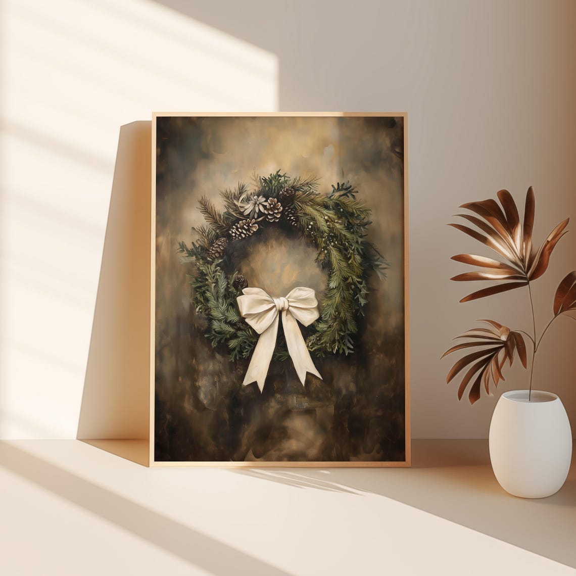 Moody Pine Wreath White Bow Pinecones Dark Vintage Christmas Poster - Image 3