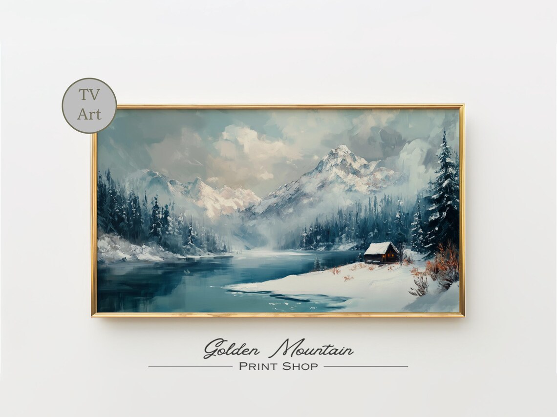 Misty Snowy Mountain Lake Cabin Winter Morning Landscape TV Wall Art