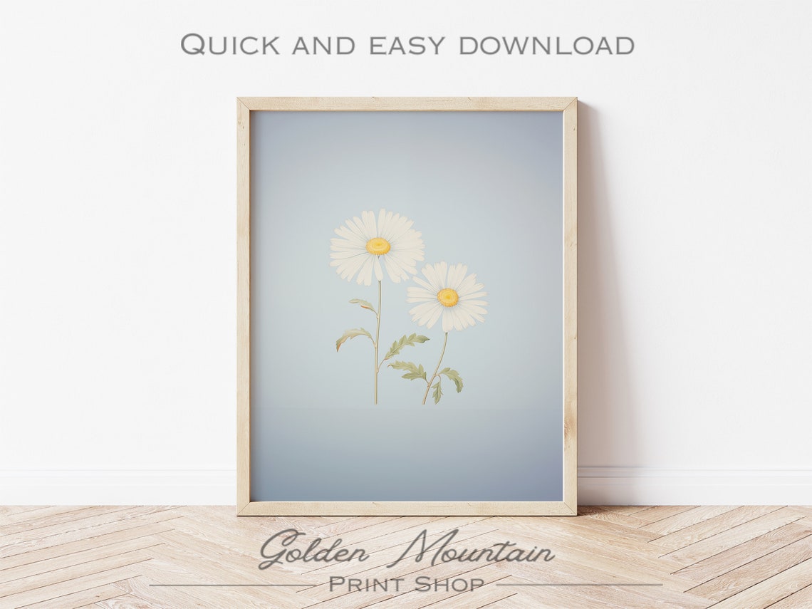Minimalist White Daisy Botanical Watercolor On Soft Blue Poster - Image 3
