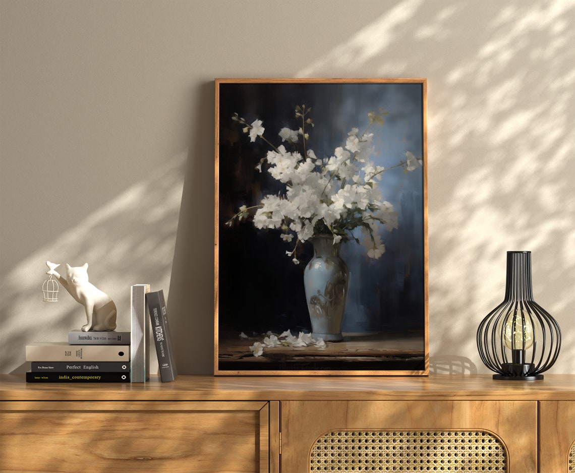 Moody Vintage White And Blue Flower Print Dark Floral Oil Painting Antique Art Dark And Moody Art Romantic Floral - Image 2