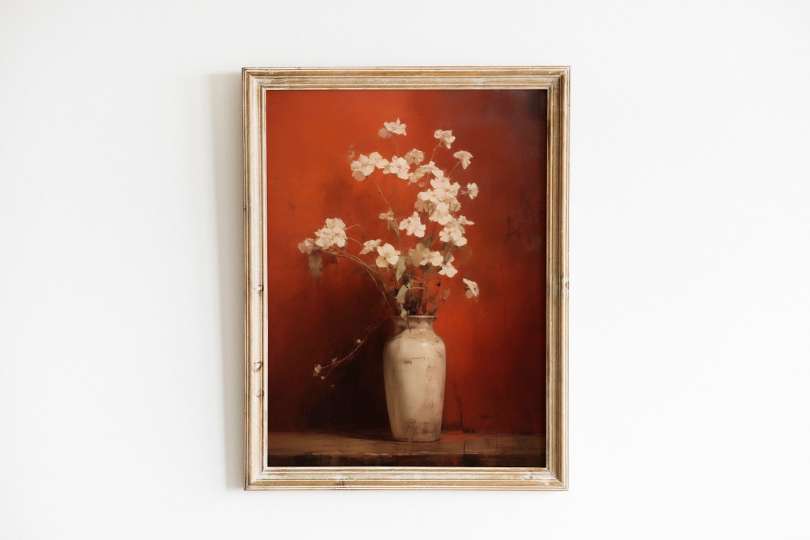 White And Red Moody Flower Oil Painting Vintage Floral Wall Art Antique Dark Art Print Farmhouse Wall Art Botanical Print - Image 2