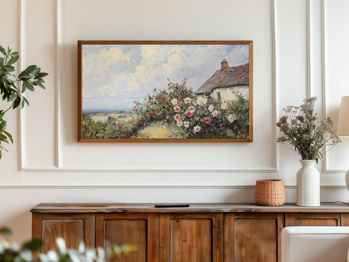 Country Cottage Red White Rose Bush Vintage Frame TV Art Print - Image 3
