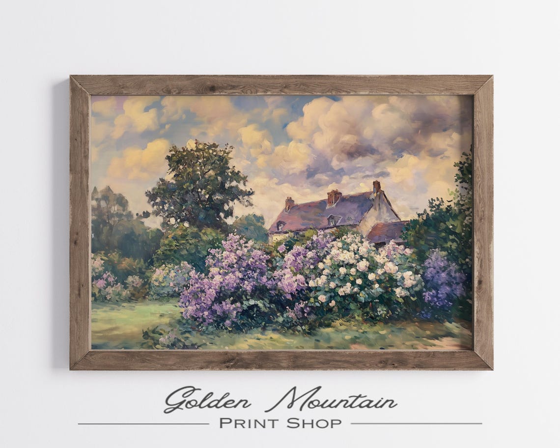 Cottage Garden Lilac Bush Purple White Bloom Vintage Oil Poster - Image 3