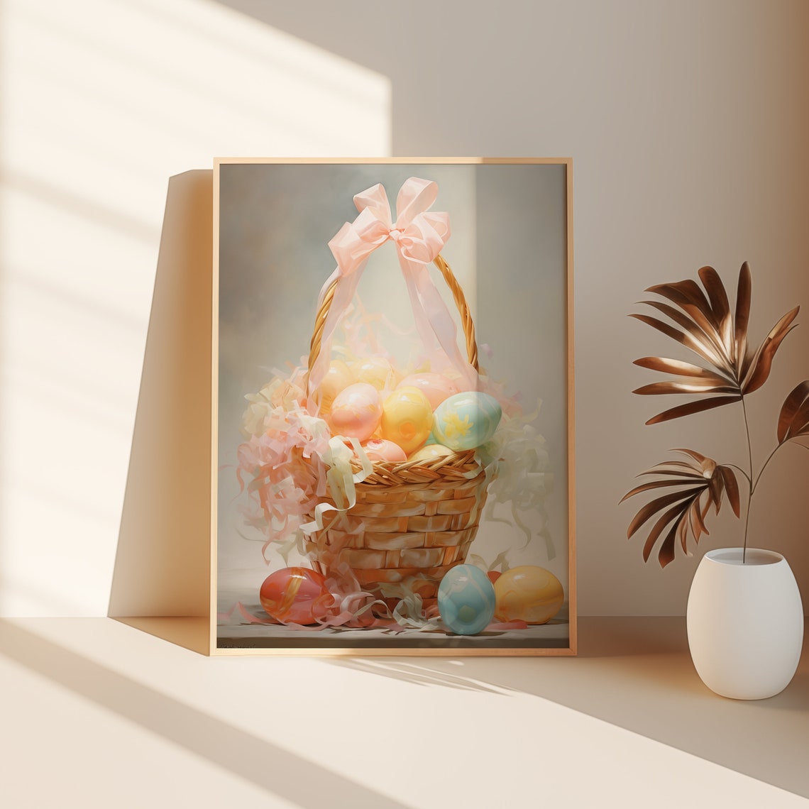 Easter Basket with Pink Bow and Pastel Eggs Soft Spring Holiday Poster - Image 3