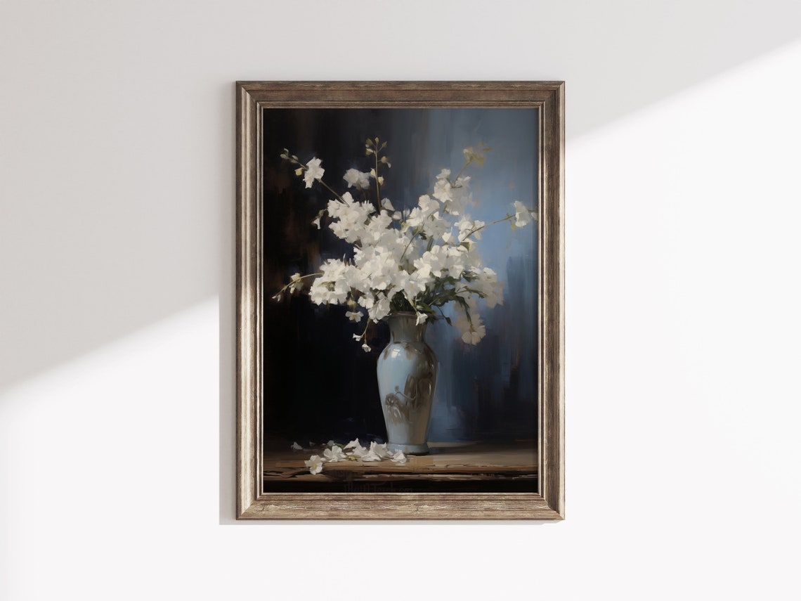 Moody White Blossom Floral Still Life Dark Blue Ceramic Vase Poster - Image 3