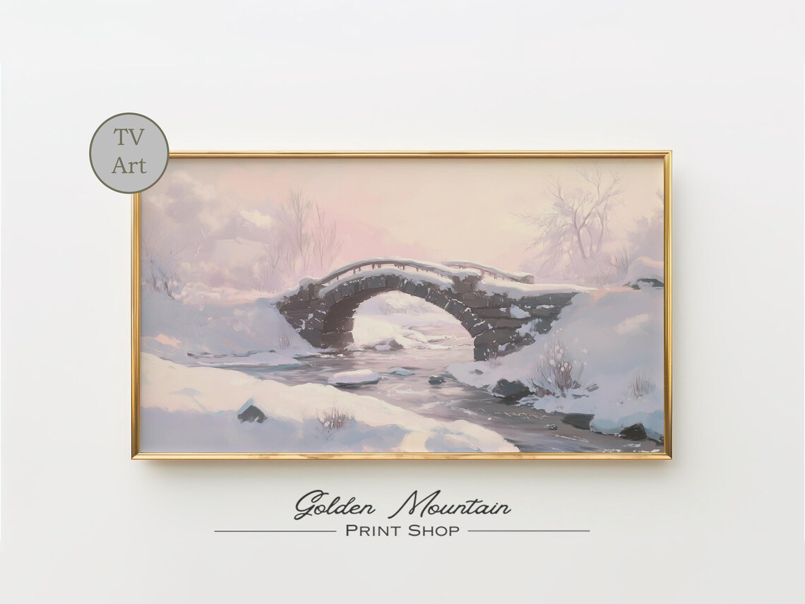 Stone Bridge Over Snowy Creek Winter Dawn Pink Sky TV Wall Art