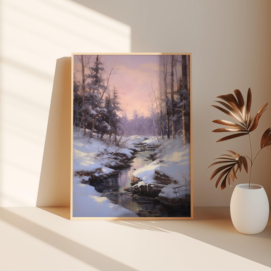 Snowy Winter Creek Pink Dawn Forest Vintage Christmas Poster - Image 3
