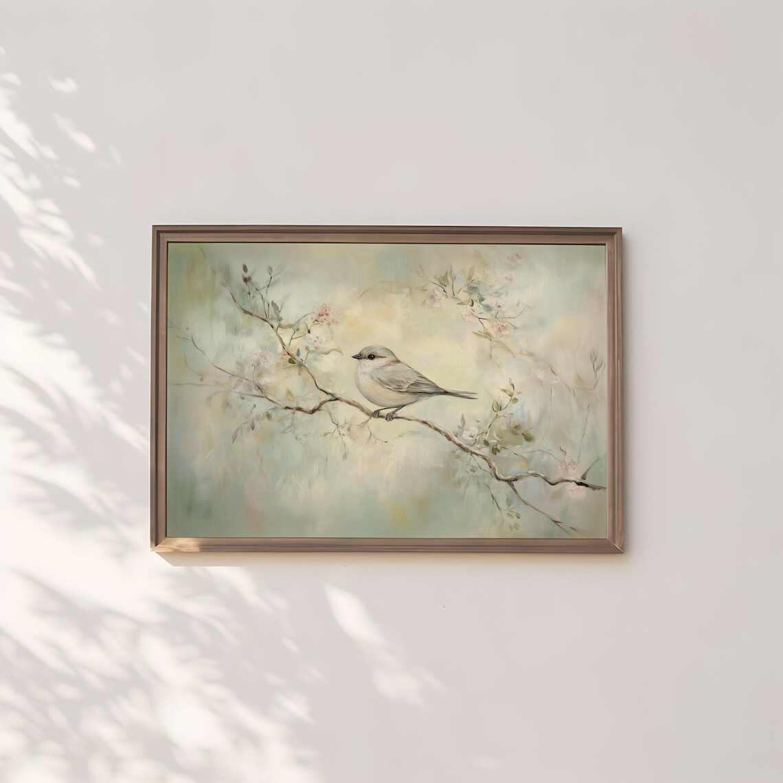 Small Gray Titmouse Bird On Blossom Branch Sage Green Pastel Poster - Image 3