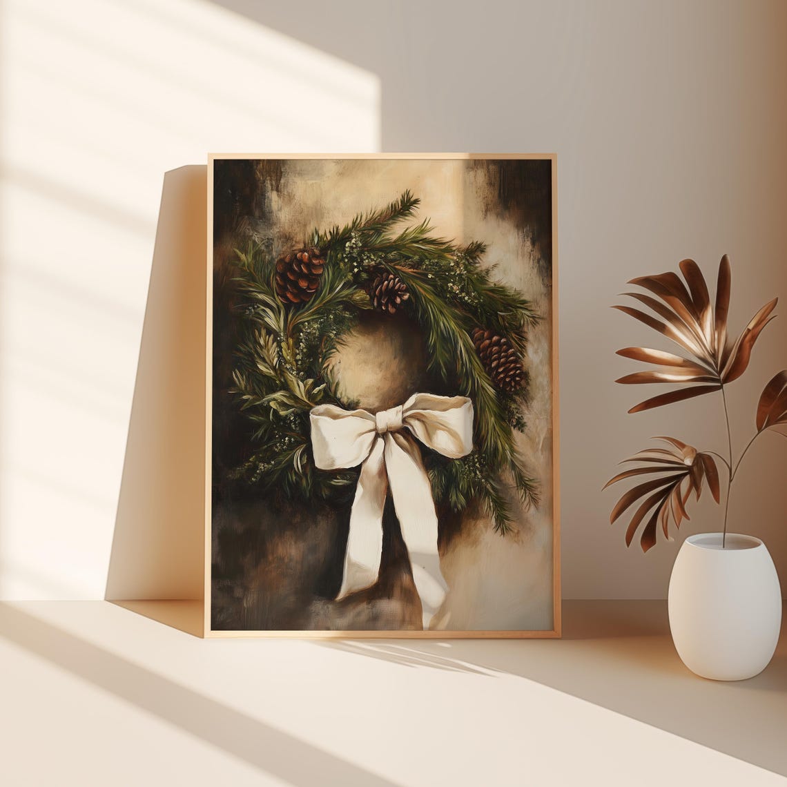Christmas Evergreen Wreath Pinecones Cream Bow Moody Vintage Poster - Image 3