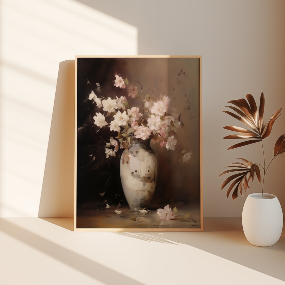 Blush Pink Blossoms in Vintage Vase Dark Moody Floral Still Life Poster - Image 3
