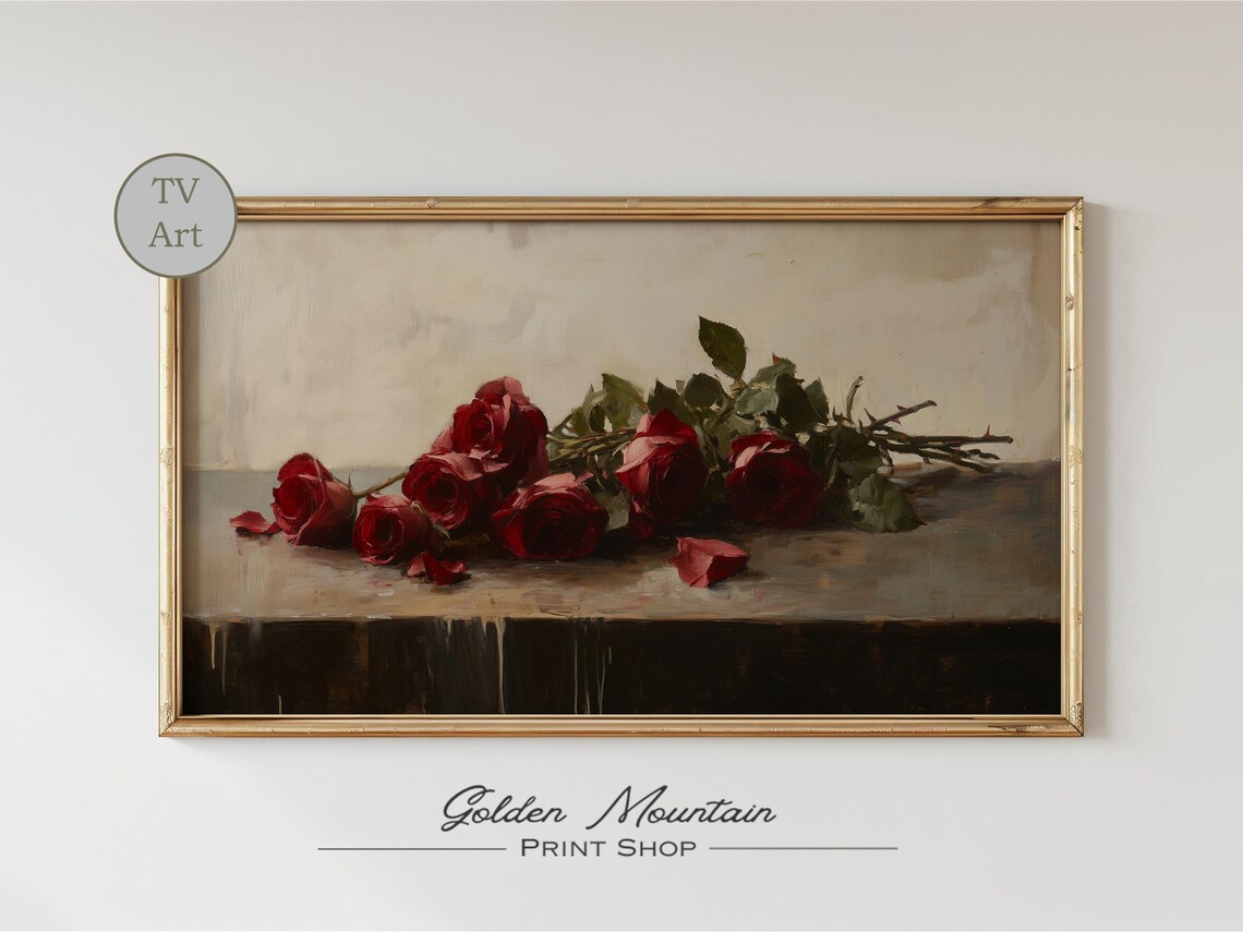 Moody Red Roses Still Life Dark Academia Vintage Oil Painting Print - Image 2
