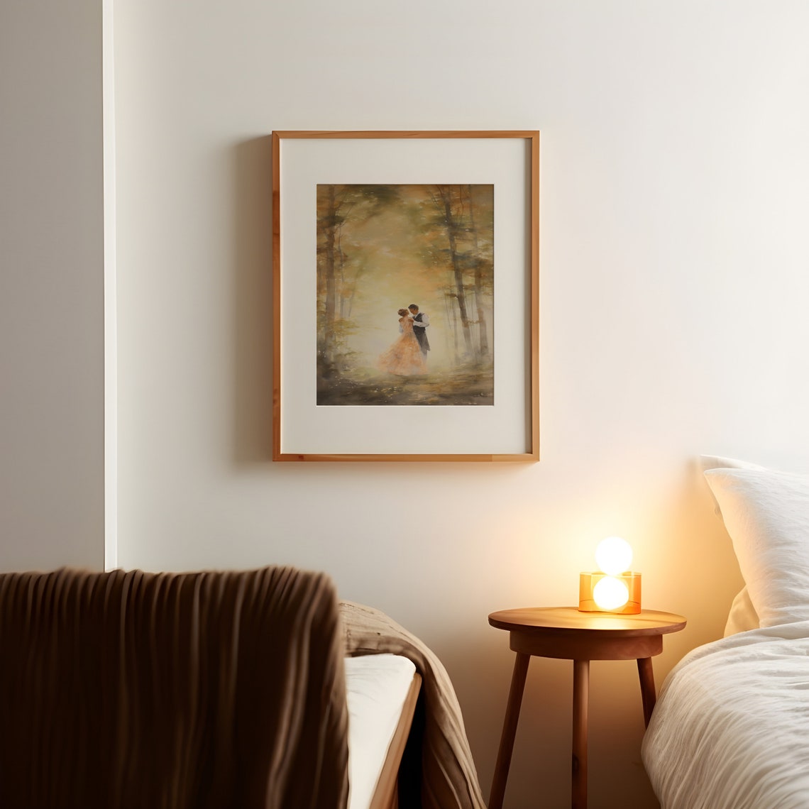Romantic Couple Dancing in Golden Misty Autumn Forest Scene Print - Image 2